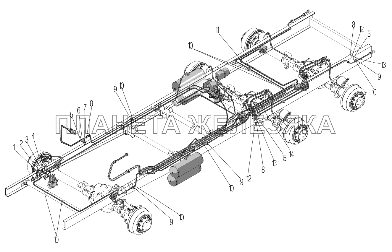 Крепление трубопроводов и шлангов пневматического привода рабочих тормозо УРАЛ-4320-60