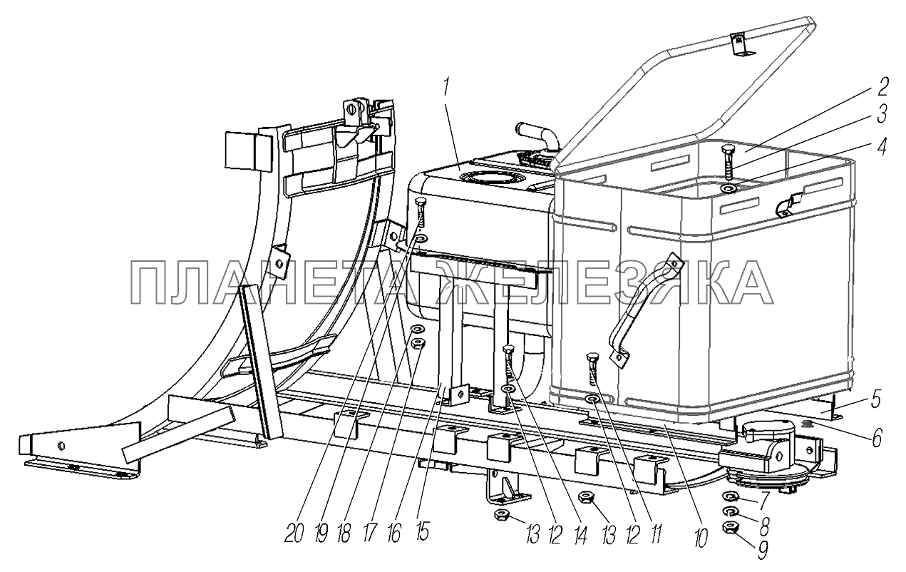 Установка инструментального ящика для автомобилей 4320-0000110-61, 4320-0000111-61И03, 4320-0000110-71, 55571-0001121-60Р02, 55571-0001121-70И03 и масляного бака для автомобилей 55571-0001121-60Р02, 55571-0001121-70И03 УРАЛ-4320-61