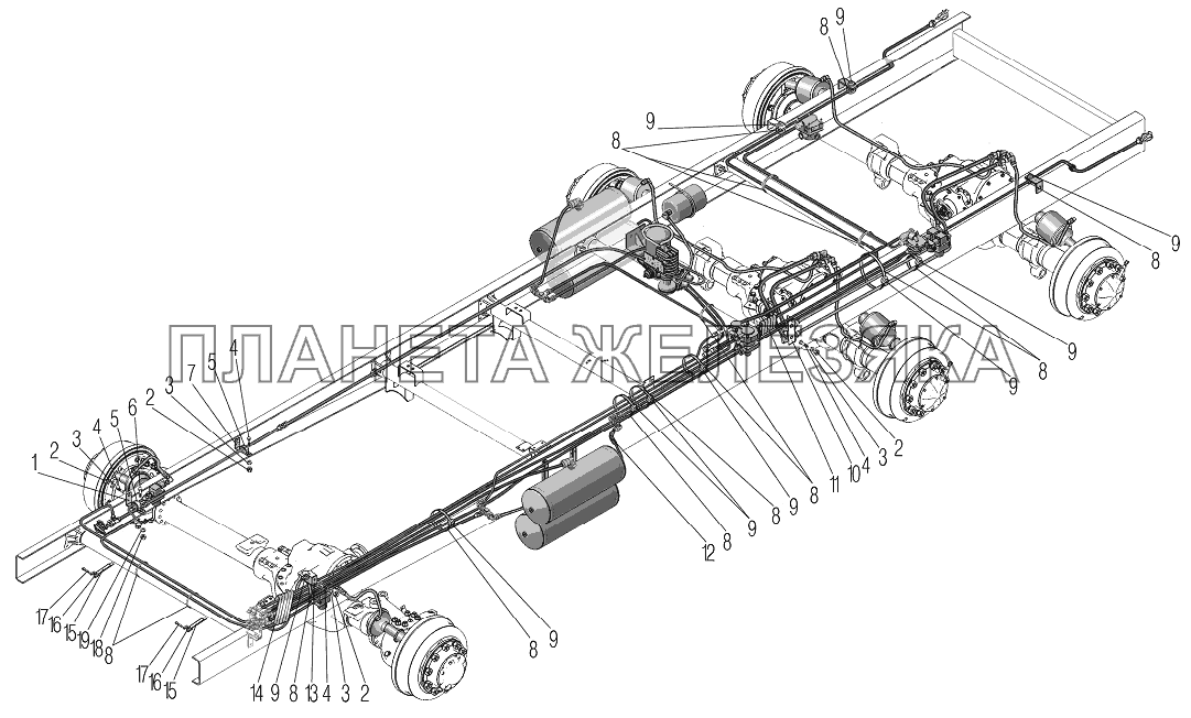 Крепление трубопроводов и шлангов пневматического привода рабочих тормозов УРАЛ-4320-80М/82М