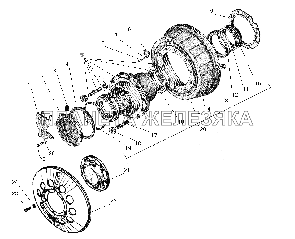 Ступица колеса и тормозной барабан среднего моста (устанавливается на все мосты без АБС) УРАЛ-4320-31
