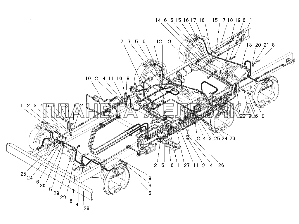 Крепление трубопроводов и шлангов пневмогидравлического привода рабочих тормозов с комбинированным приводом УРАЛ-4320-31