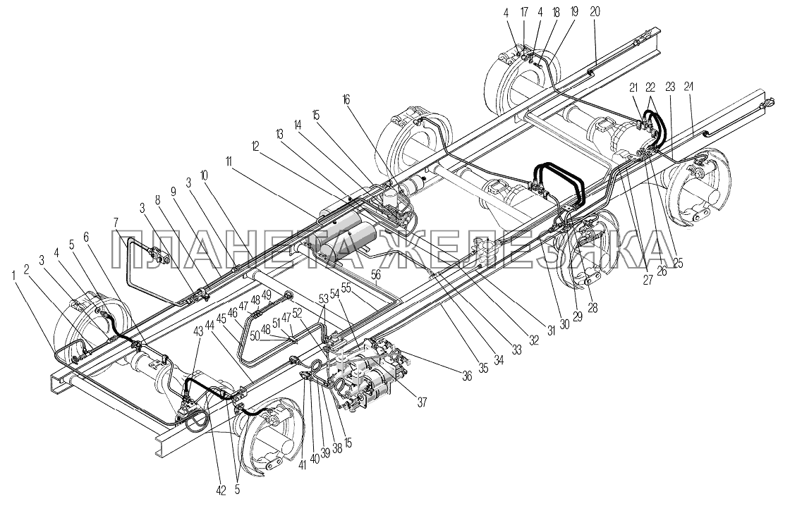 Трубопроводы и шланги пневмогидравлического привода рабочих тормозов УРАЛ-4320-1958-70И