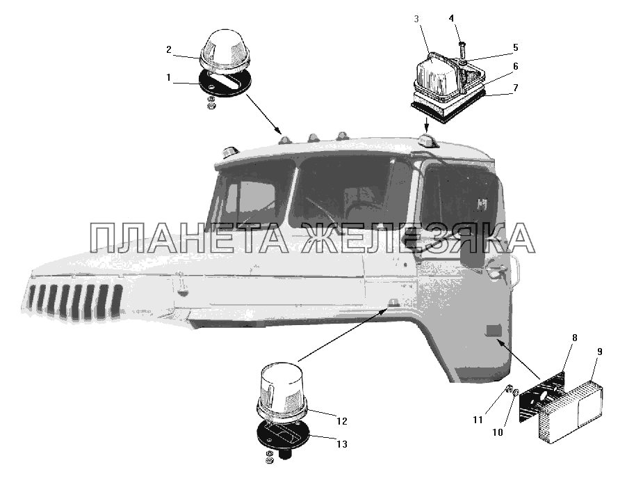 Установка фонаря знака автопоезда, габаритного и бокового повторителя УРАЛ-4320-41