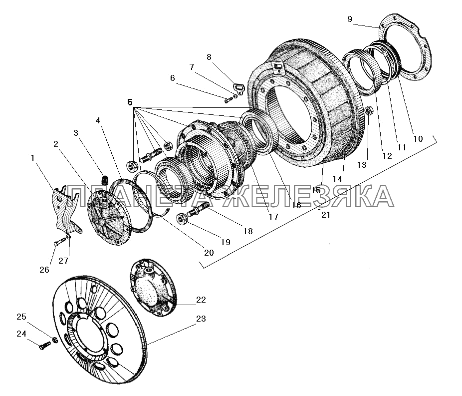Ступица колеса и тормозной барабан переднего и заднего моста УРАЛ-4320-41