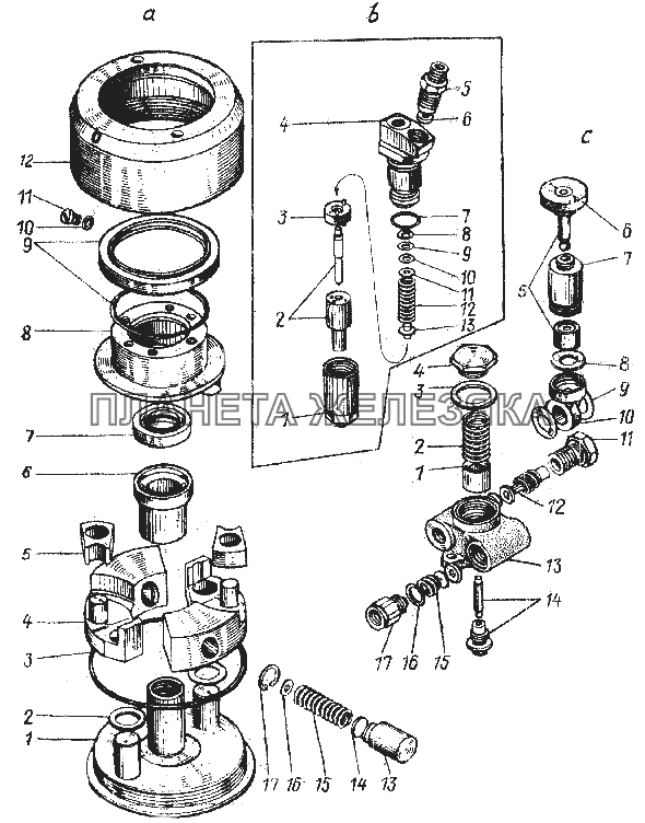Муфта опережения впрыска (а), форсунка (б), насос ручной подкачки топлива УРАЛ-4420