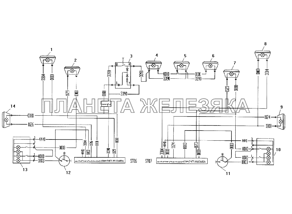 Схема электрическая подключения светотехнических приборов на кабине УРАЛ-532301