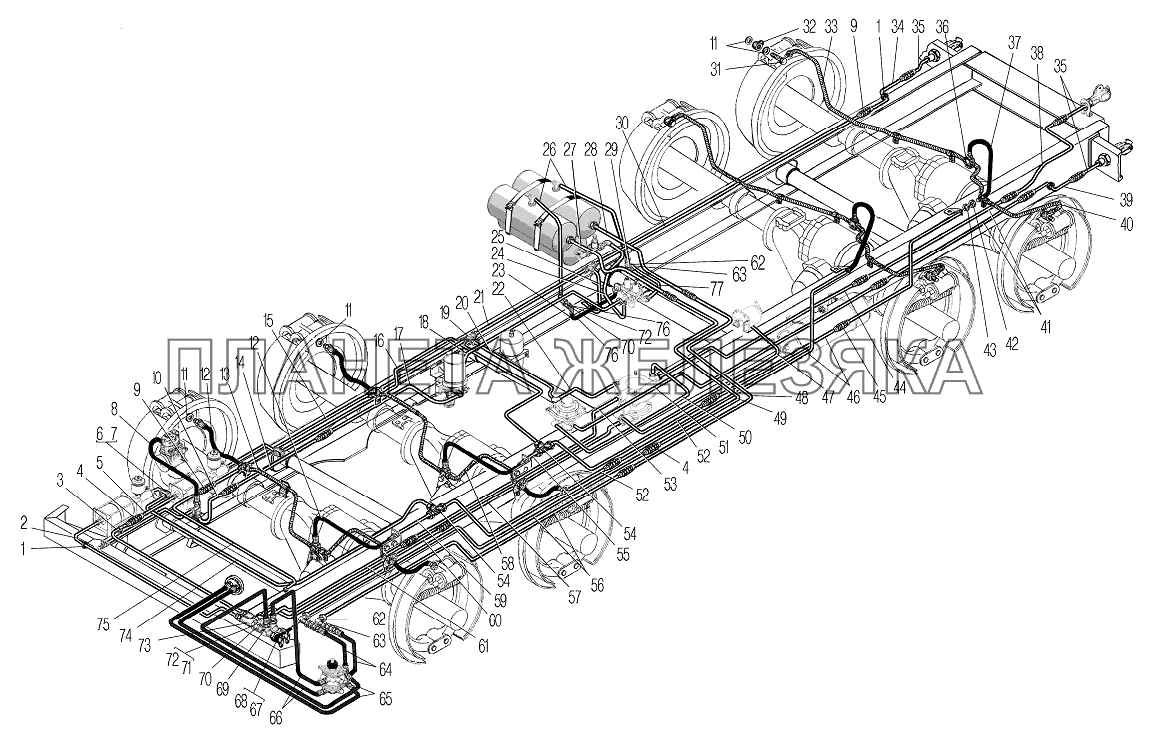Трубопроводы и шланги гидропневматического привода рабочих тормозов для автомобилей Урал 532361 и 532362 УРАЛ-532361