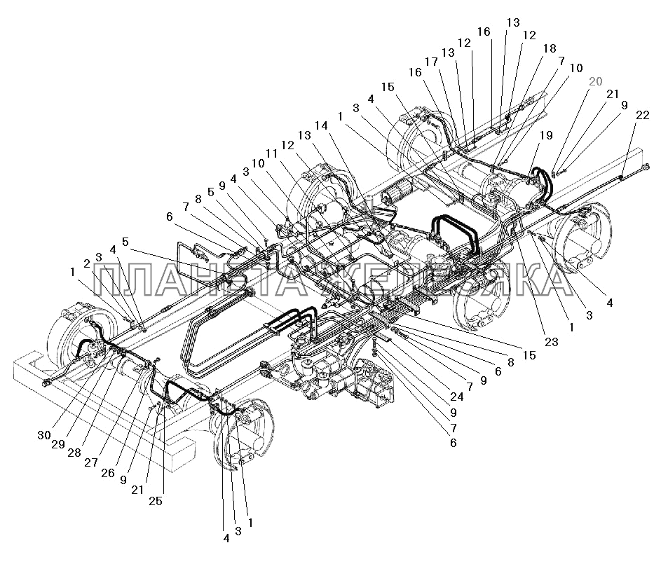 Крепление трубопроводов и шлангов гидропневматического привода рабочих тормозов УРАЛ-5557-40