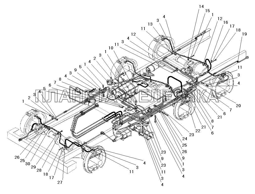 Крепление трубопроводов и шлангов гидропневматического привода рабочих тормозов без АБС УРАЛ-5557-40