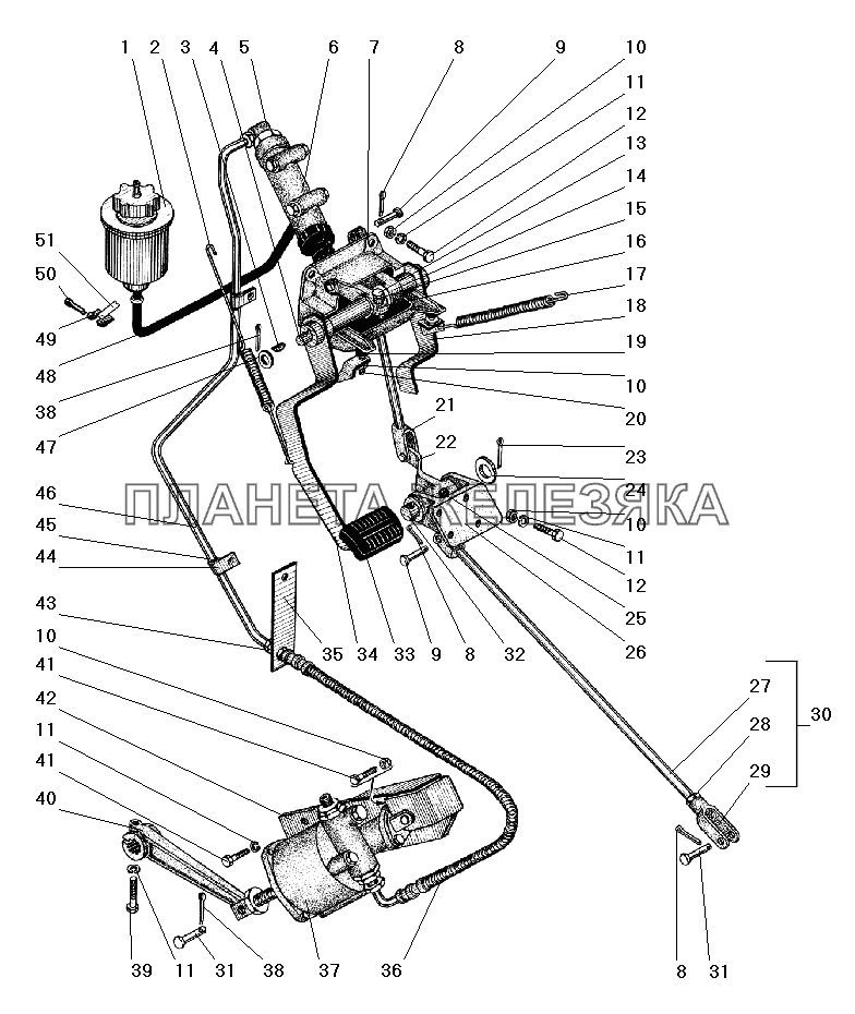 Привод педалей сцепления и тормоза с пневмогидроуправлением УРАЛ-5557-40