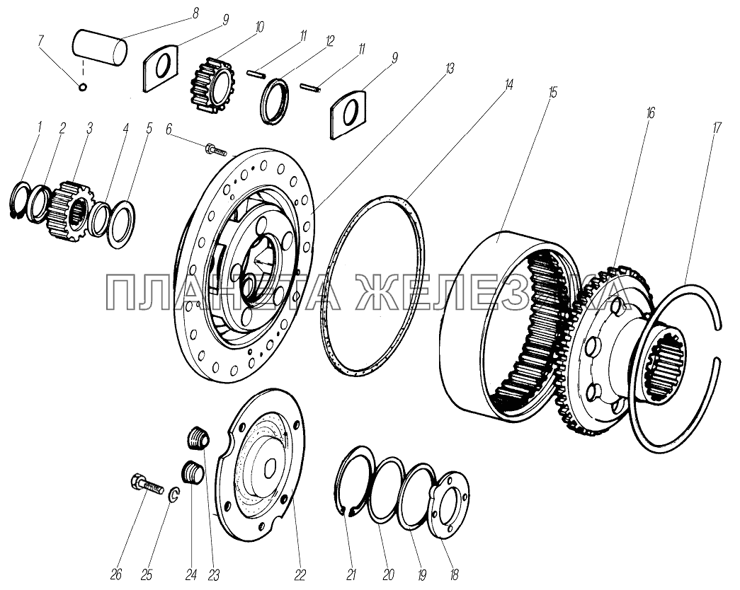 Планетарный механизм переднего, среднего и заднего мостов УРАЛ-6370-1151