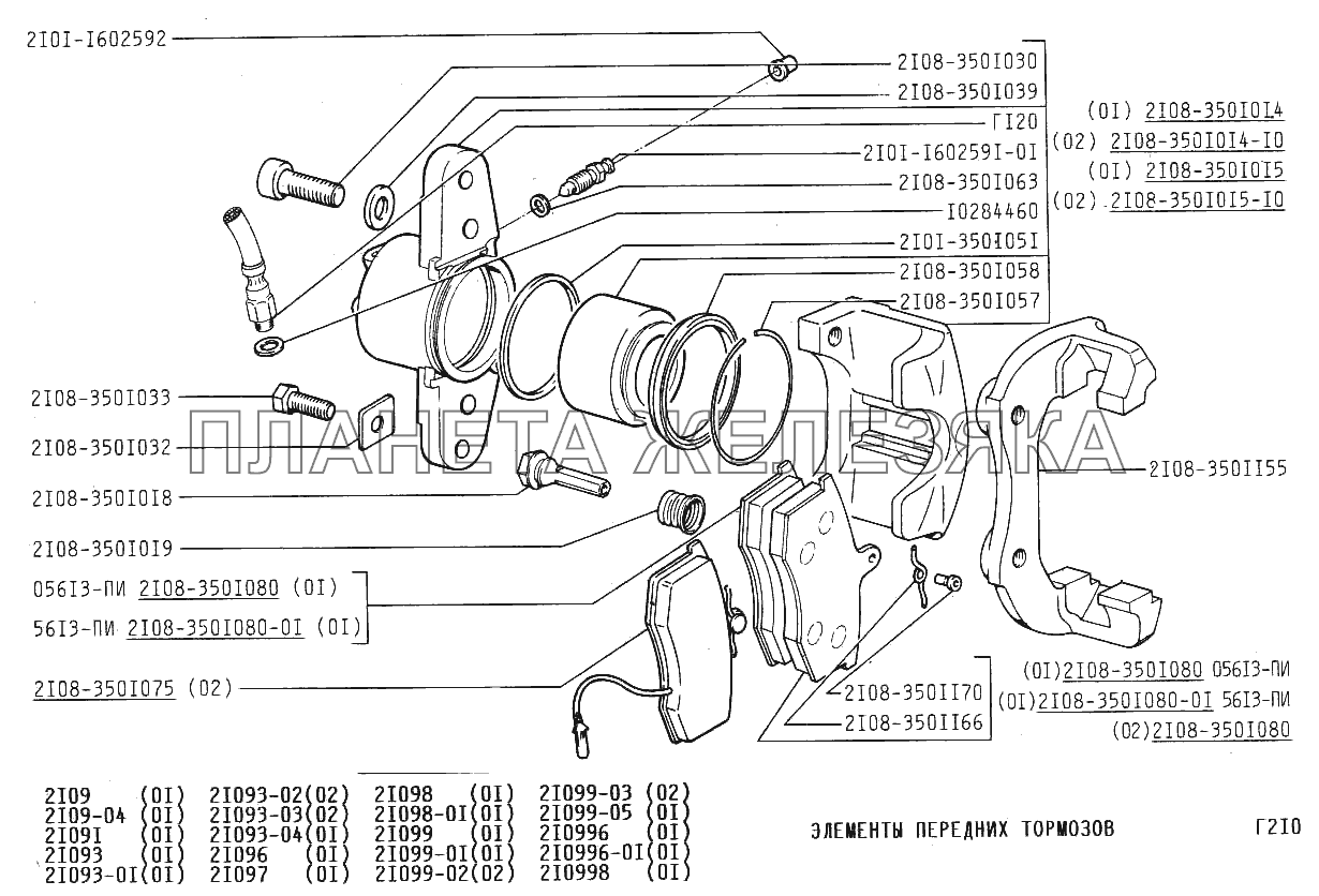 Элементы передних тормозов ВАЗ-21099