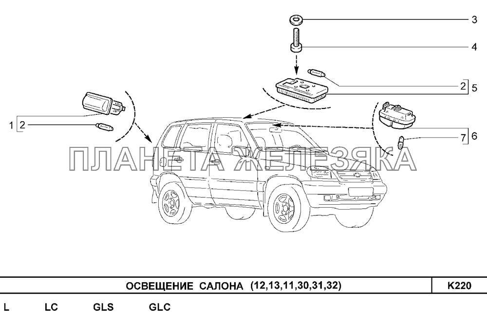 Освещение салона (12,13,11,30,31,32) Шевроле Нива-1,7