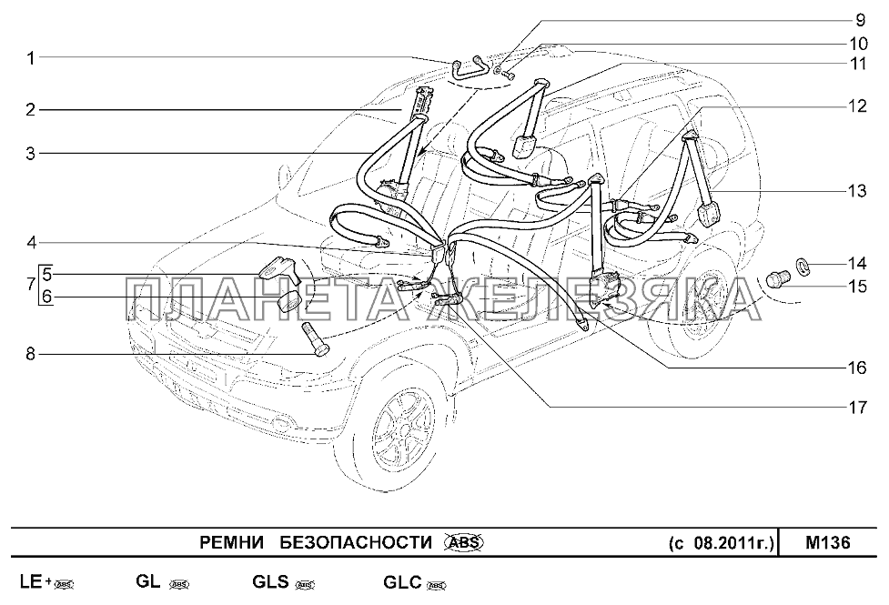 Ремни безопасности (ABS) (с 08.2011г.) Шевроле Нива-1,7