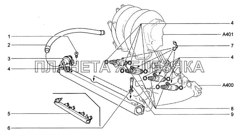 Рампа, форсунки и регулятор давления (11, 12, 13) Chevrolet Niva 1.7