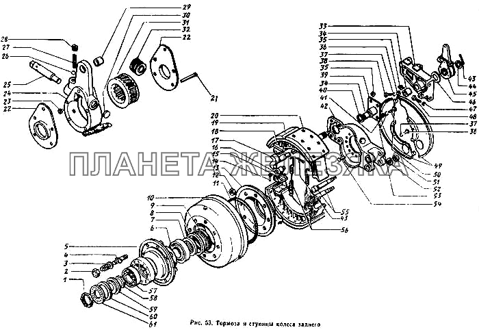 Тормоза и ступицы колеса заднего ЗИЛ-431410 Каталог 1989 г.