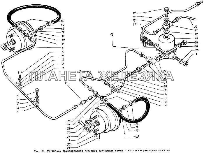 Установка трубопроводов передних тормозных камер и клапана ограничения давления ЗИЛ-431410 Каталог 1989 г.
