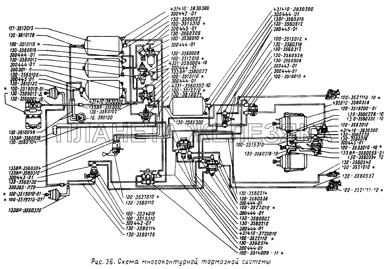 Схема многоконтурной тормозной системы ЗИЛ-431410 (130)