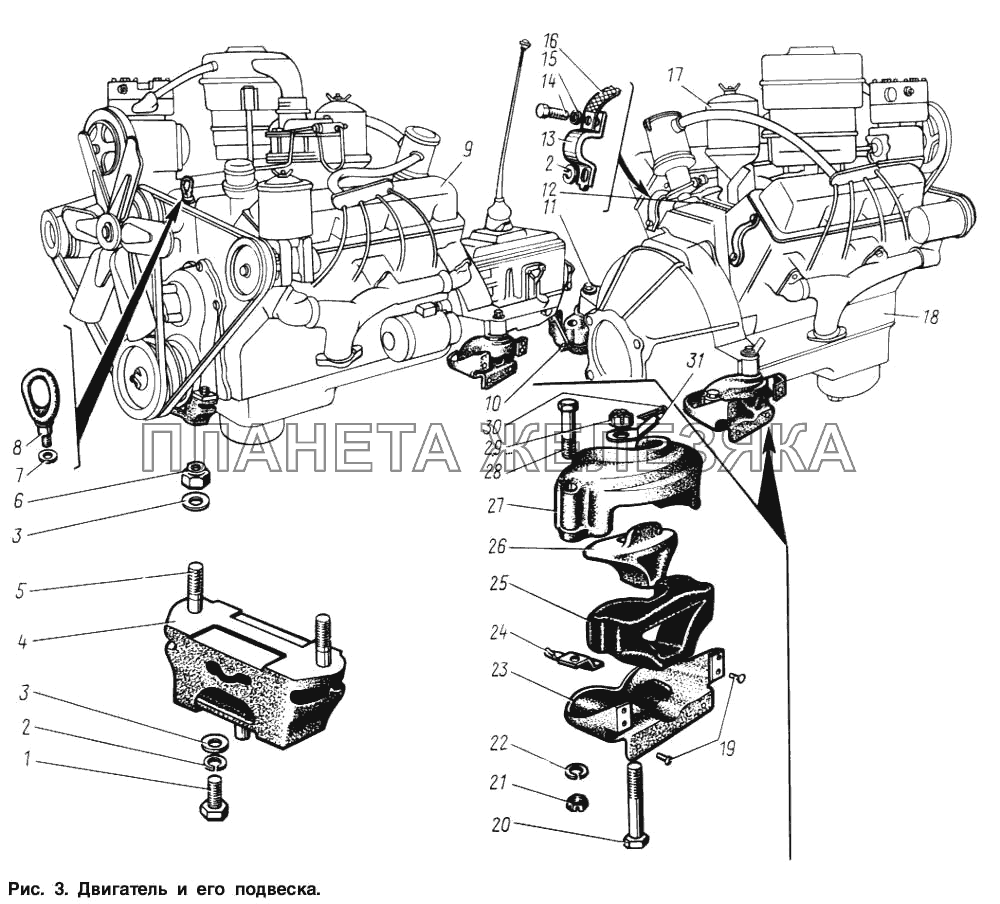 Двигатель и его подвеска ЗИЛ-131