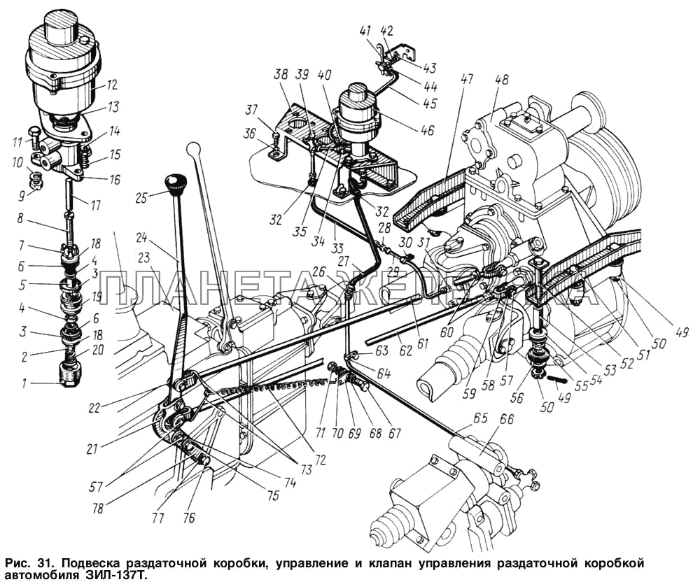 Подвеска раздаточной коробки, управление и клапан управления раздаточной коробкой автомобиля ЗИЛ-137Т ЗИЛ-131