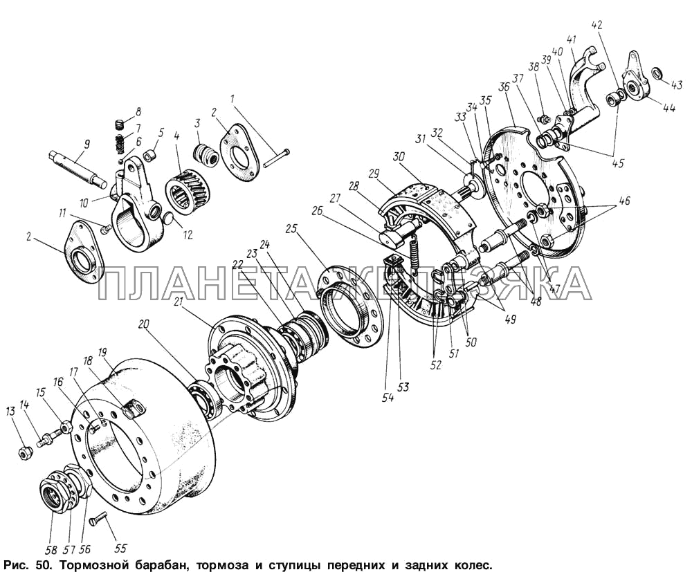 Тормозной барабан, тормоза и ступицы передних и задних колес ЗИЛ-131
