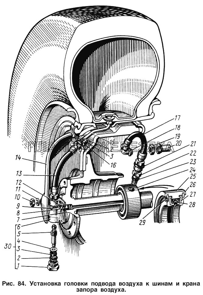 Установка головки подвода воздуха к шинам и крана запора воздуха ЗИЛ-131