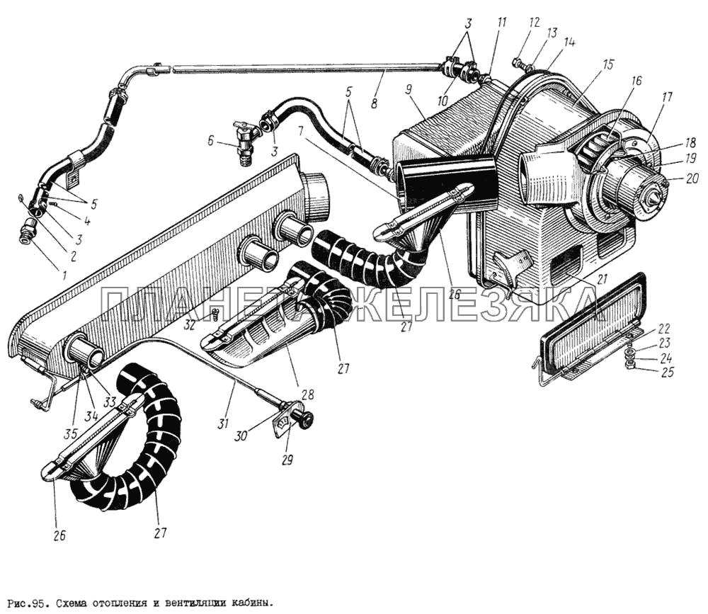 Схема отопления и вентиляции кабины ЗИЛ-131