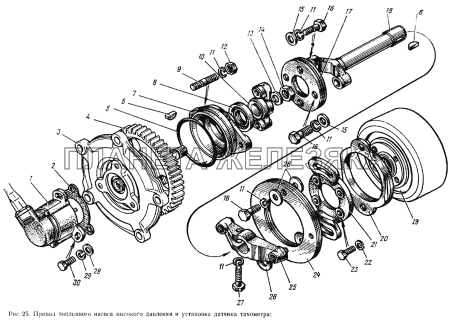 Привод топливного насоса высокого давления и установка датчика тахометра ЗИЛ-133ГЯ