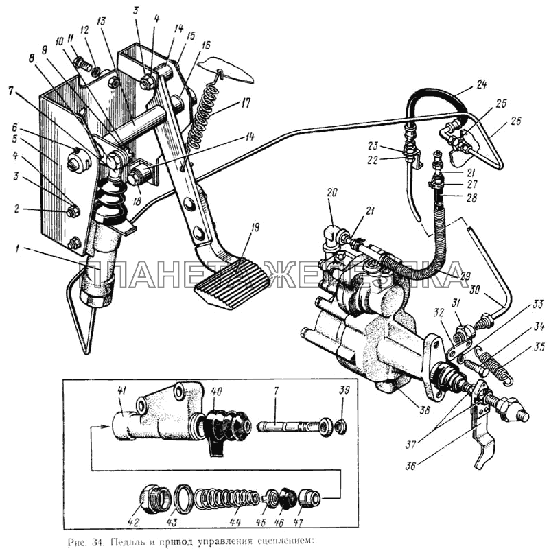 Педаль и привод управления сцеплением ЗИЛ-133ГЯ
