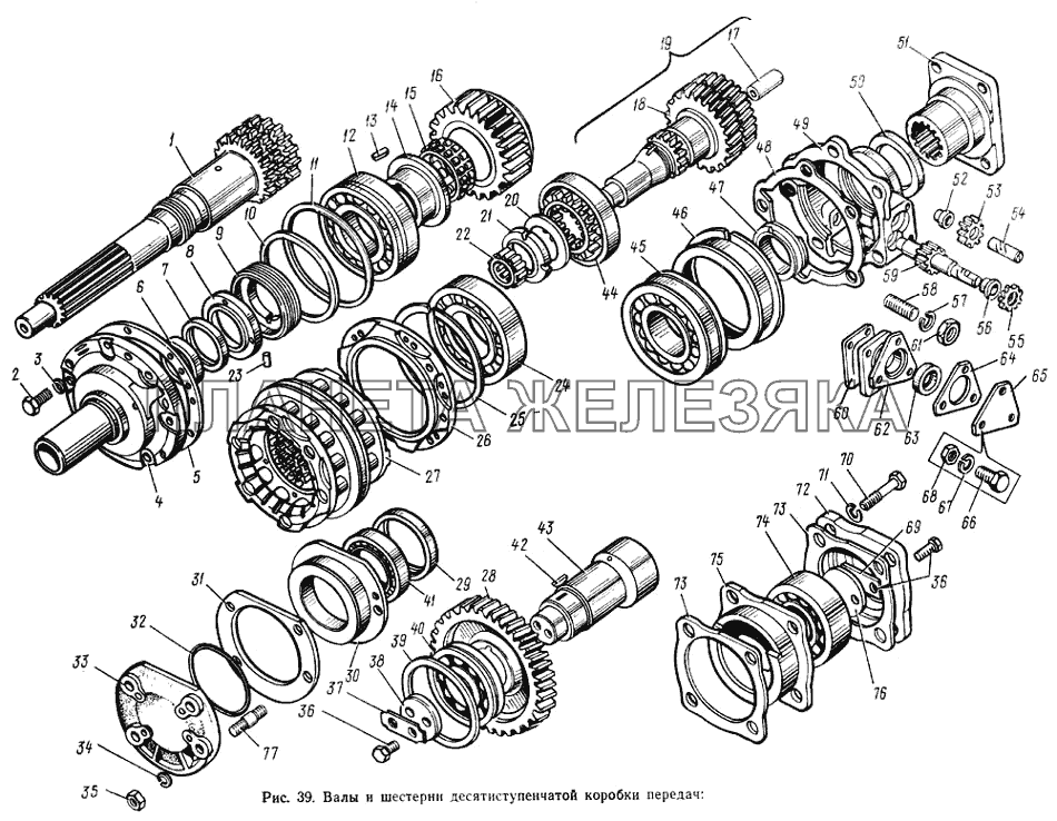 Валы и шестерни десятиступенчатой коробки передач ЗИЛ-133ГЯ