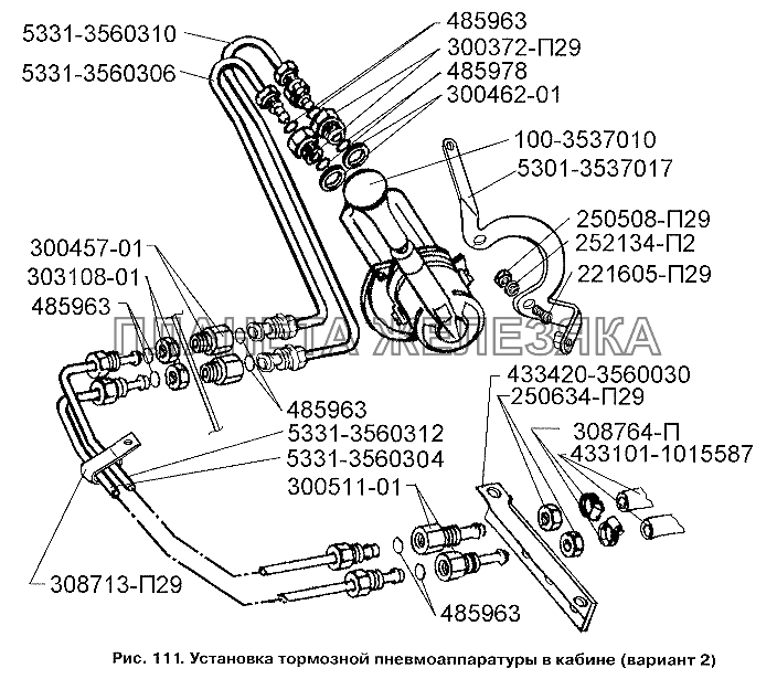 Установка тормозной пневмоаппаратуры в кабине (вариант 2) ЗИЛ-3250