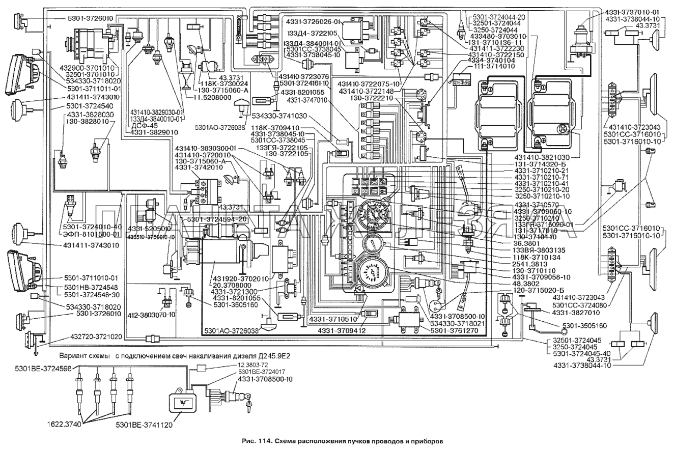 Схема расположения пучков проводов и приборов ЗИЛ-3250