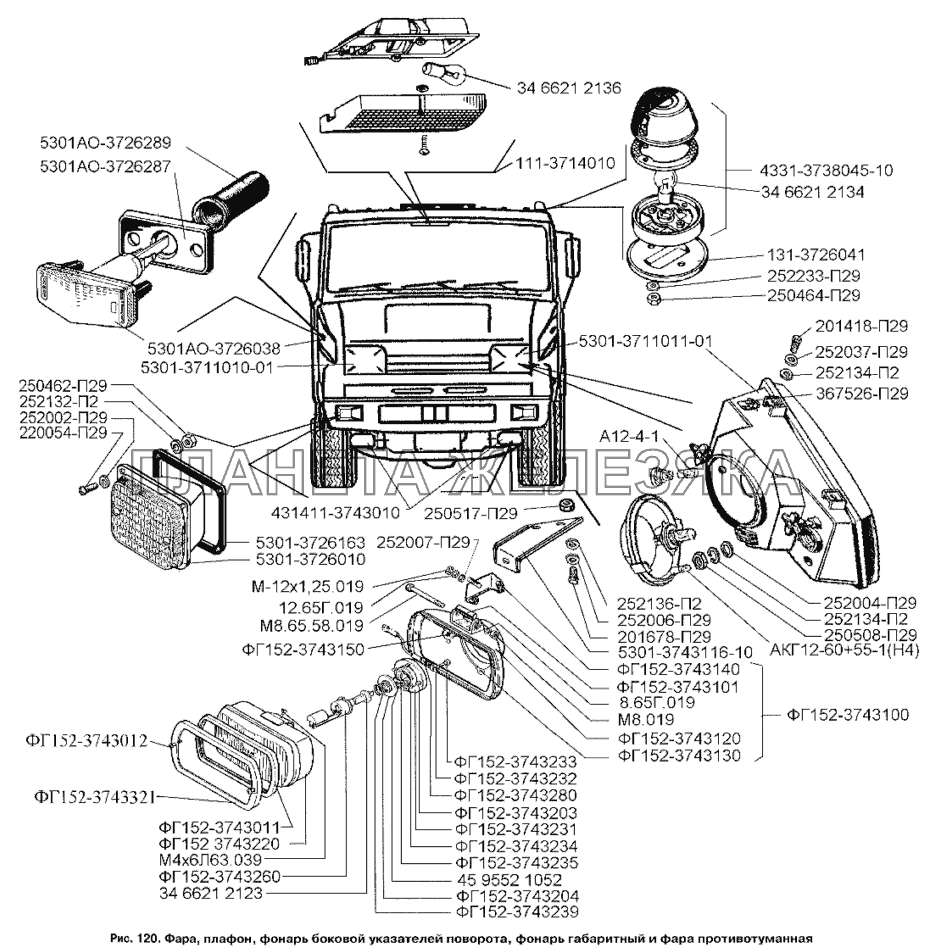 Фара, плафон, фонарь боковой указателей поворота, фонарь габаритный и фара противотуманная ЗИЛ-3250