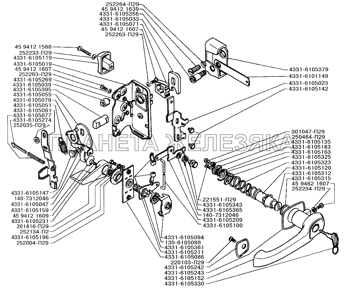 Замок и ручка двери кабины и задней правой двери фургона ЗИЛ-3250