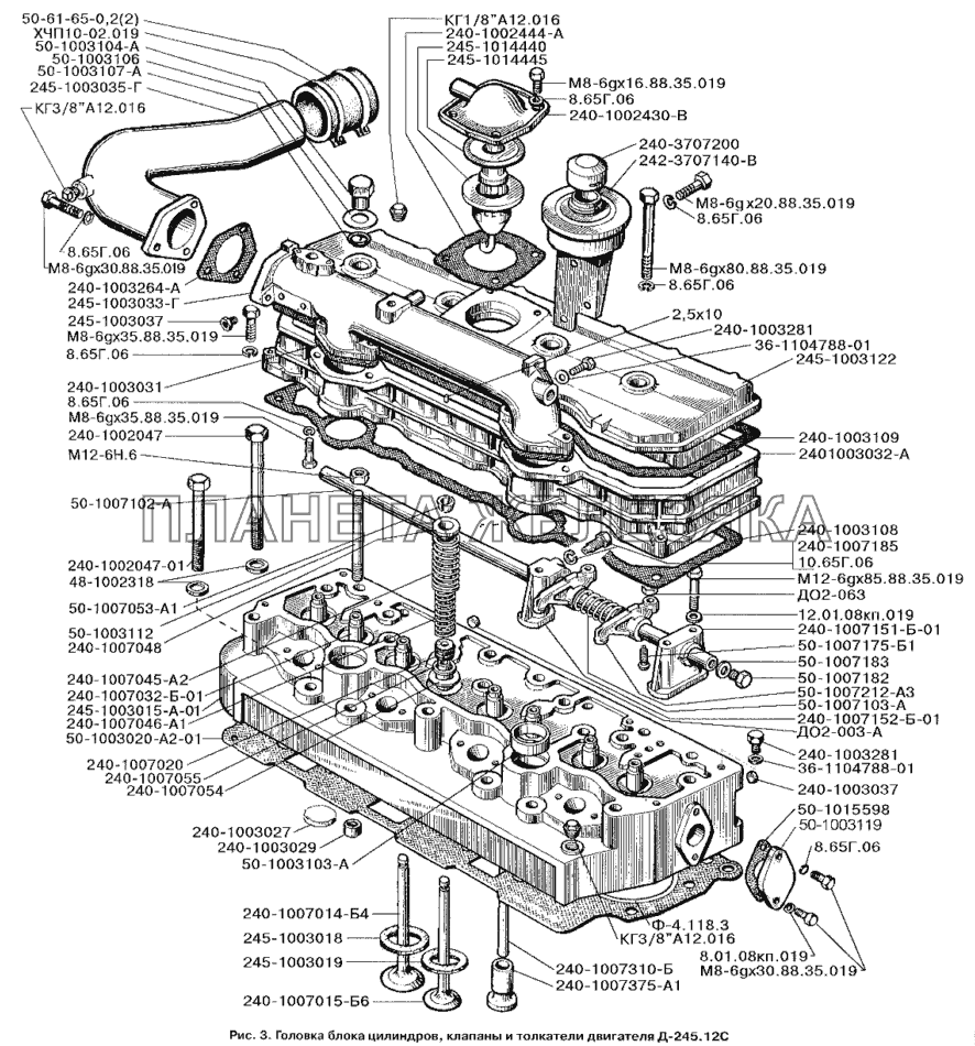 Головка блока цилиндров, клапаны и толкатели двигателя Д-245.12С ЗИЛ-3250
