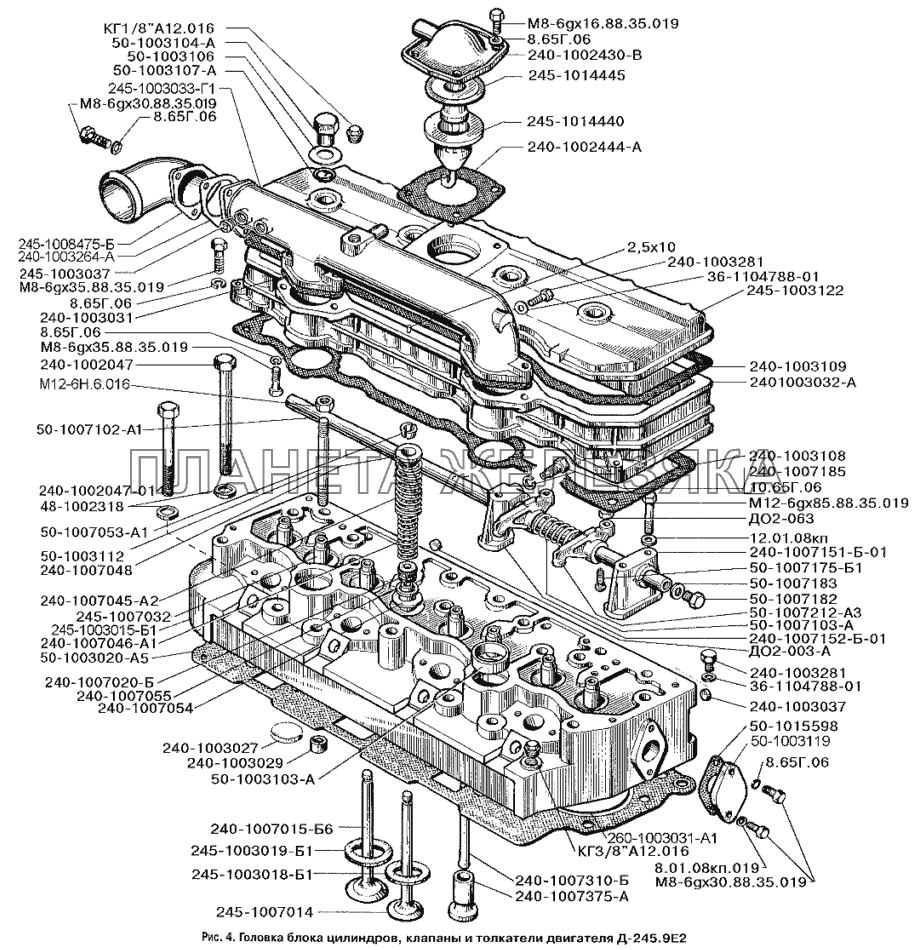 Головка блока цилиндров, клапаны и толкатели двигателя Д-245.9Е2 ЗИЛ-3250