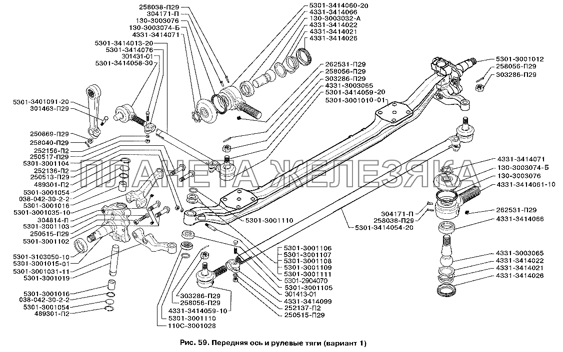 Передняя ось и рулевые тяги (вариант 1) ЗИЛ-3250