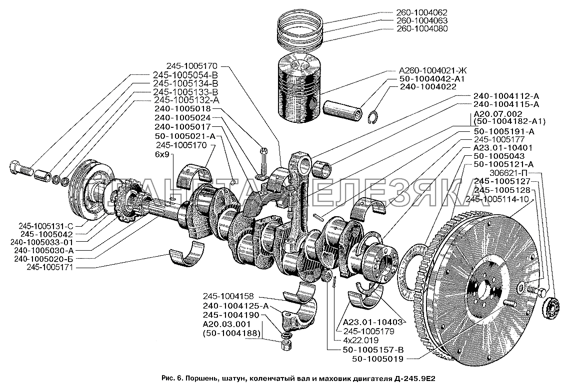 Поршень, шатун, коленчатый вал и маховик двигателя Д-245.9Е2 ЗИЛ-3250