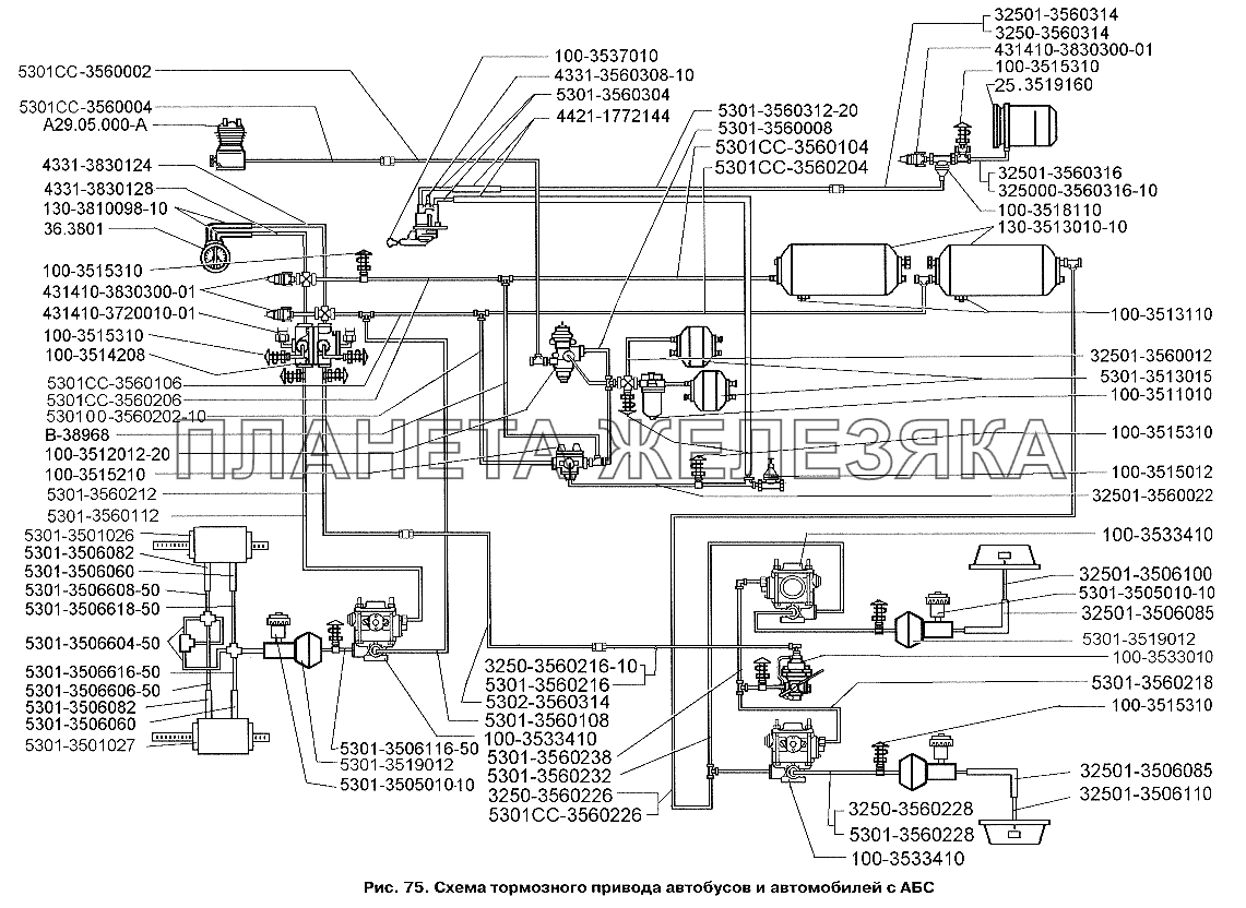 Схема тормозного привода автобусов и автомобилей с АБС ЗИЛ-3250