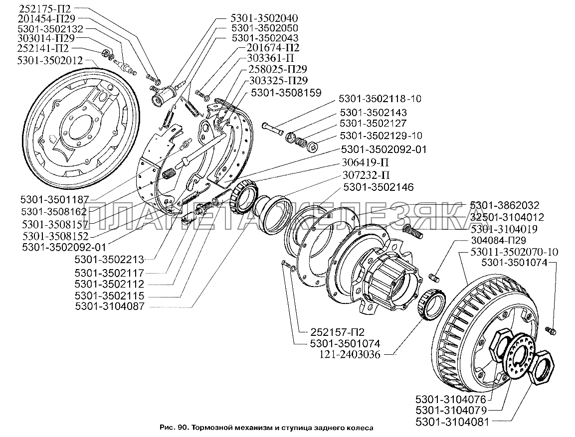 Тормозной механизм и ступица заднего колеса ЗИЛ-3250