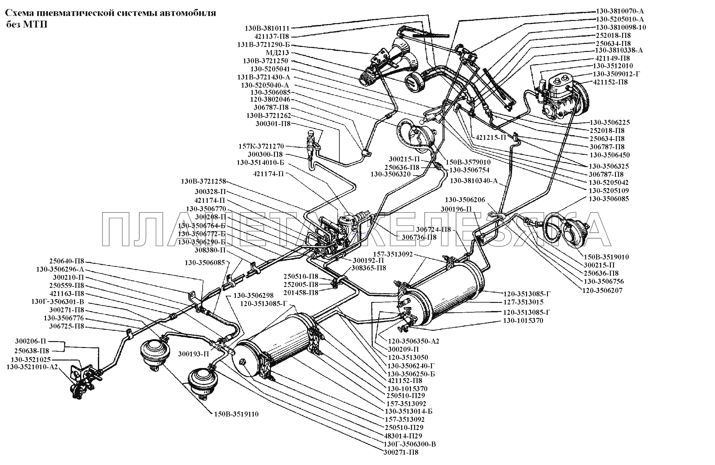 Тормоза\Схема пневматической системы автомобиля без МТП ЗИЛ-431416