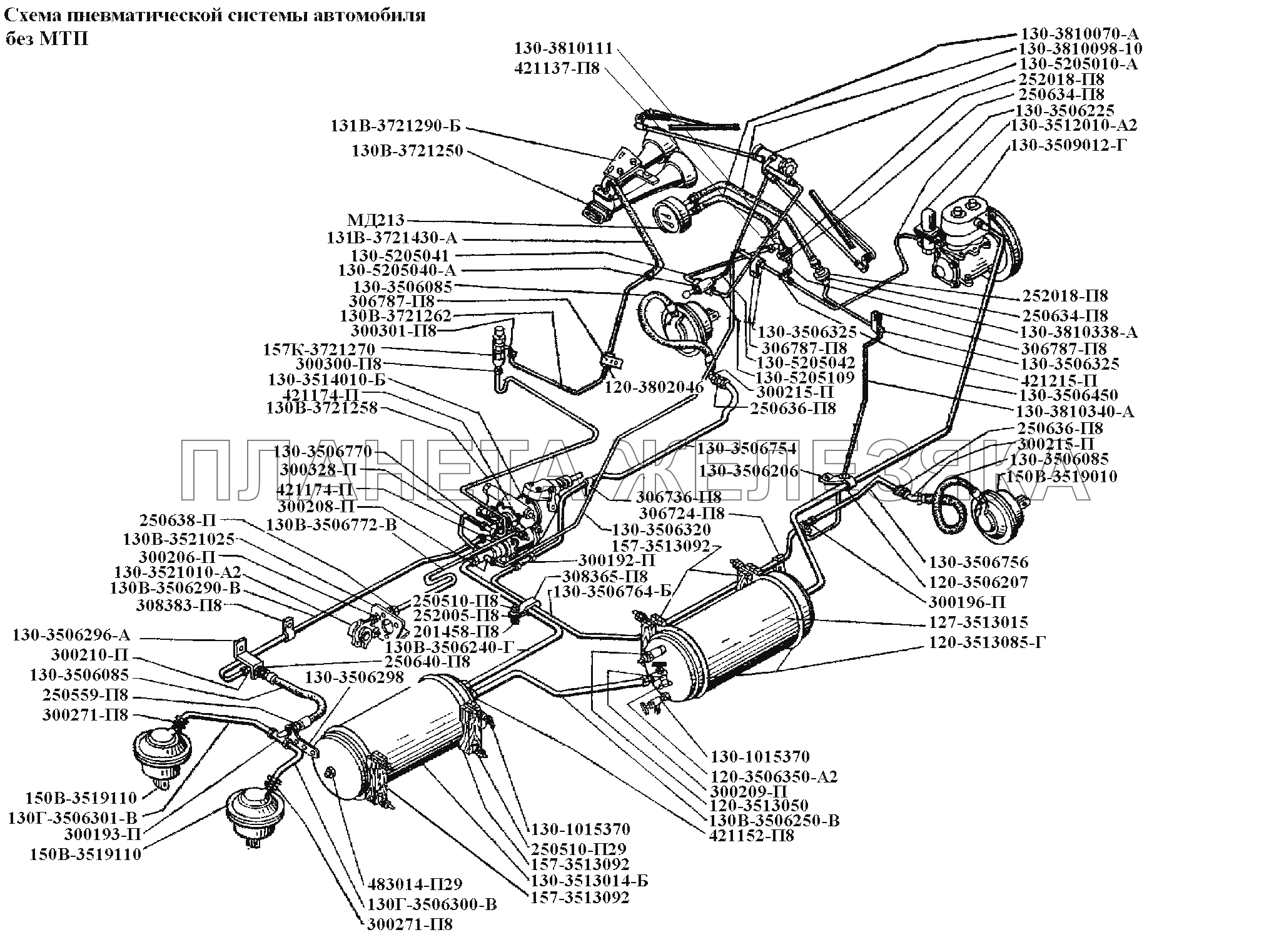 Тормоза\Схема пневматической системы автомобиля без МТП ЗИЛ-431416