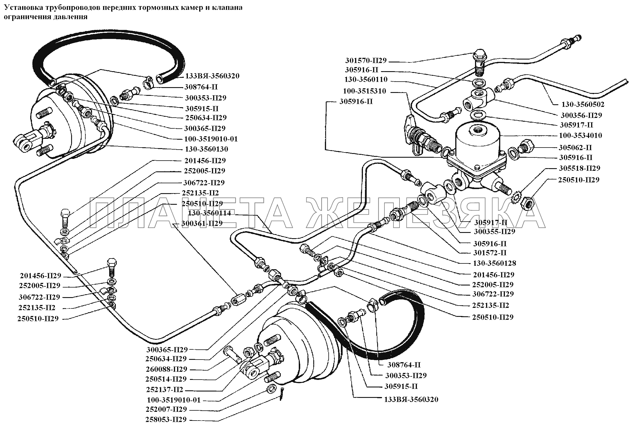 Тормоза\Установка трубопроводов передних тормозных камер и клапана ограничения давления ЗИЛ-431416