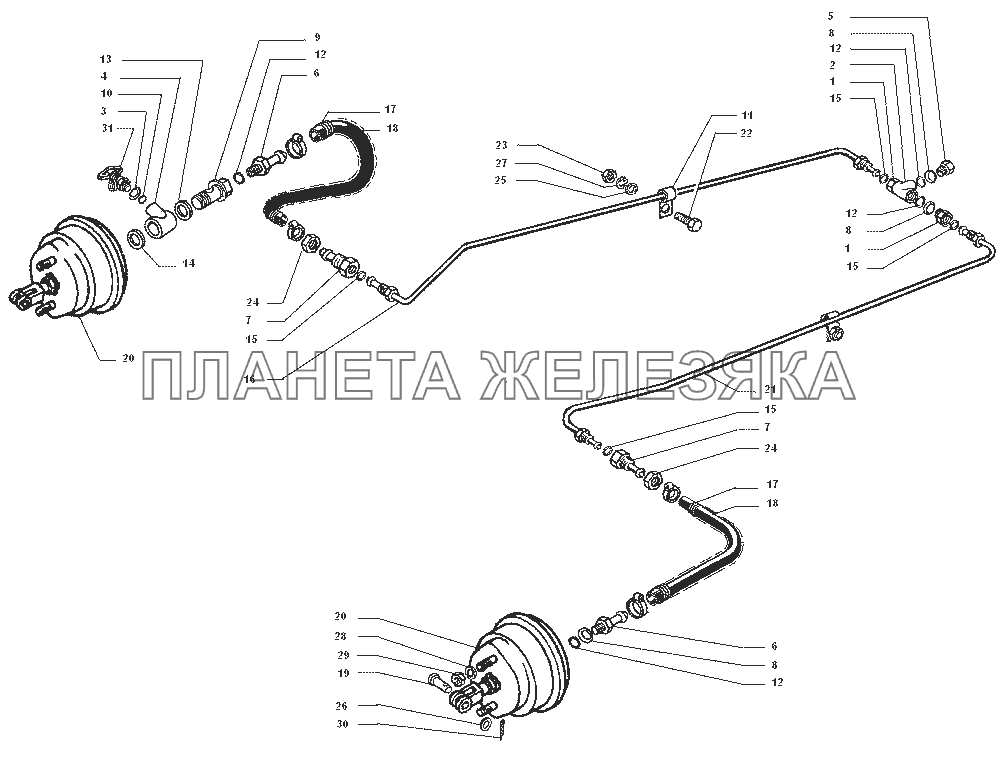 Установка трубопроводов передних тормозных камер ЗИЛ-43272Н, 43273Н