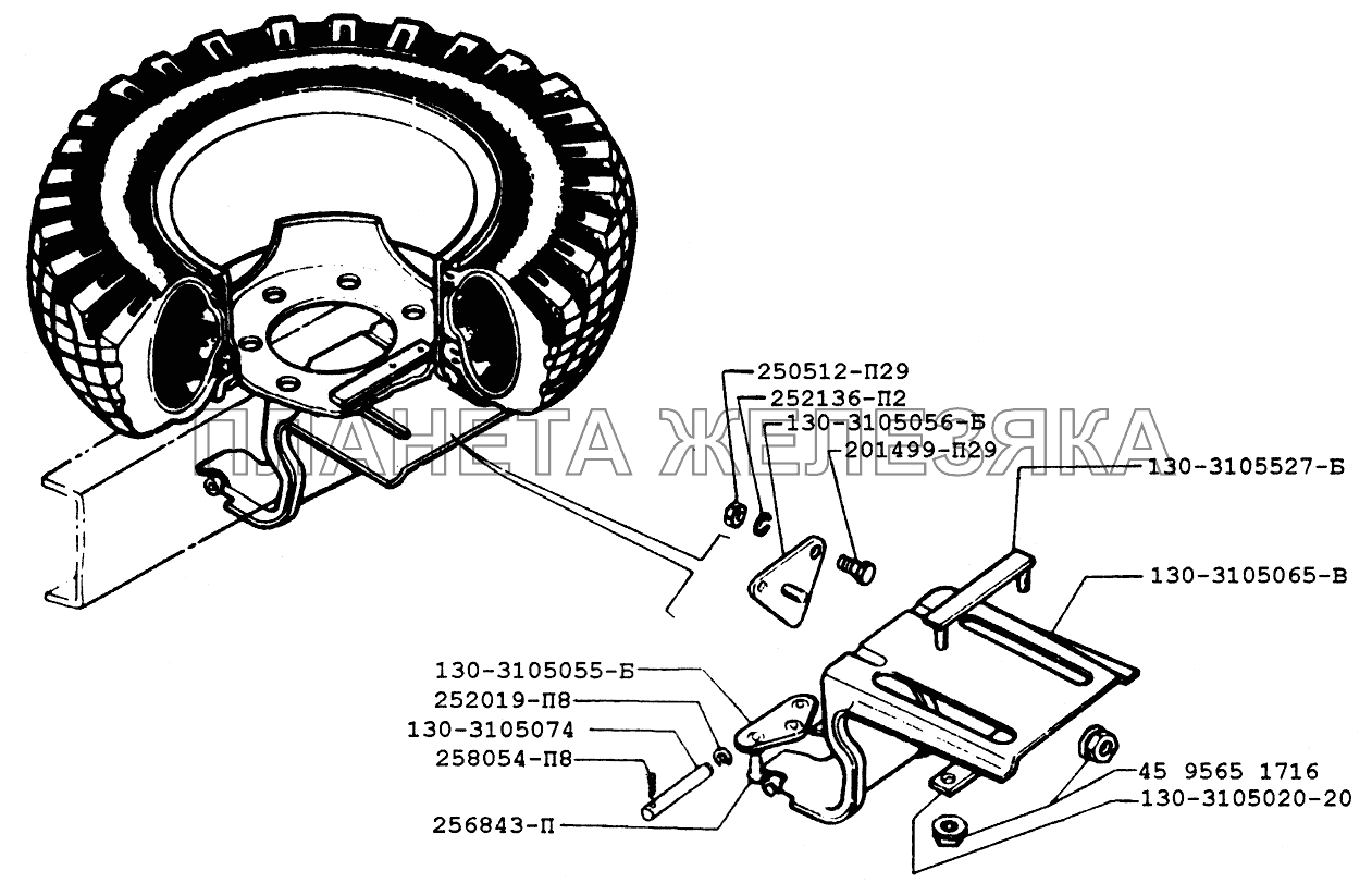 Установка запасного колеса автомобиля ЗИЛ-433360 до января 2002г ЗИЛ-433110