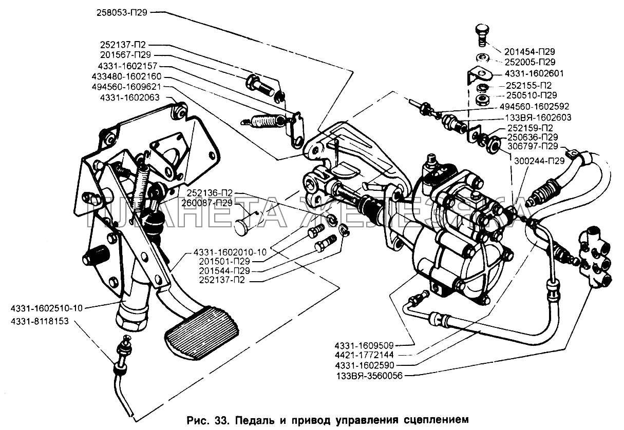 Педаль и привод управления сцеплением ЗИЛ-433110