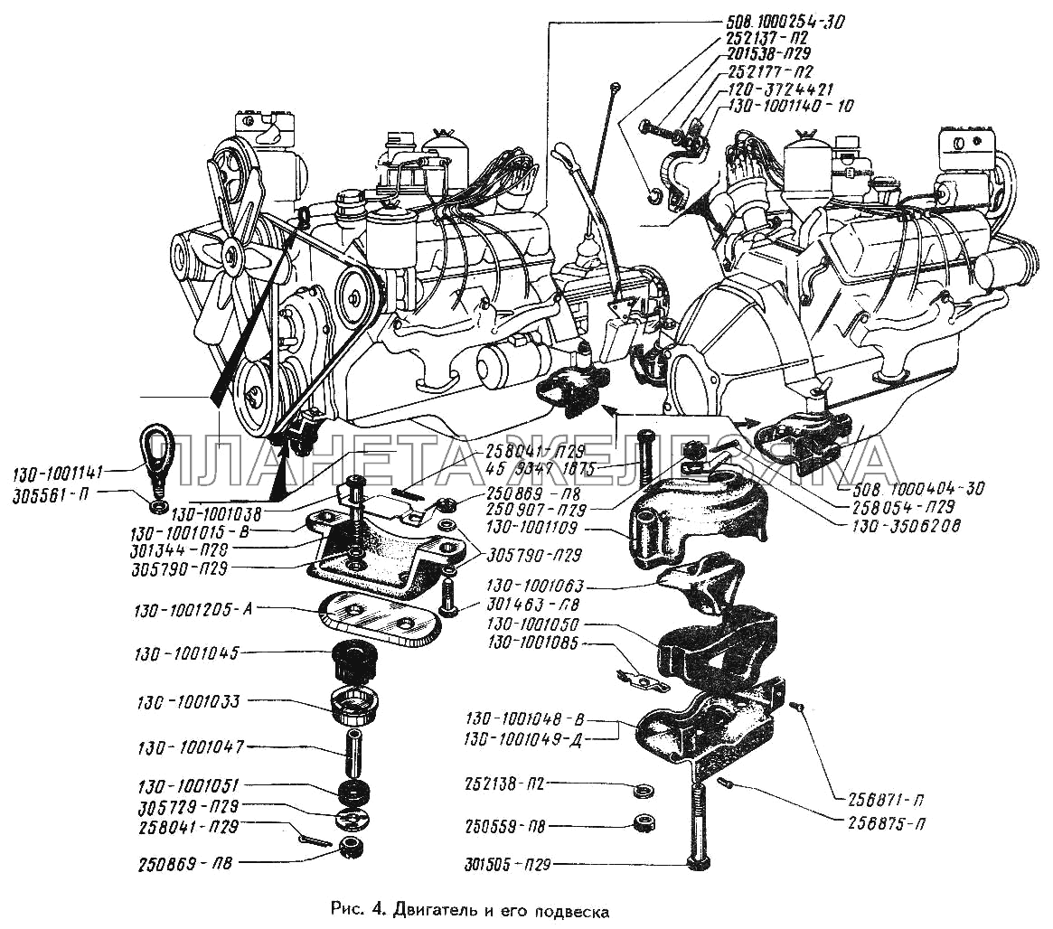 Двигатель и его подвеска ЗИЛ-433360