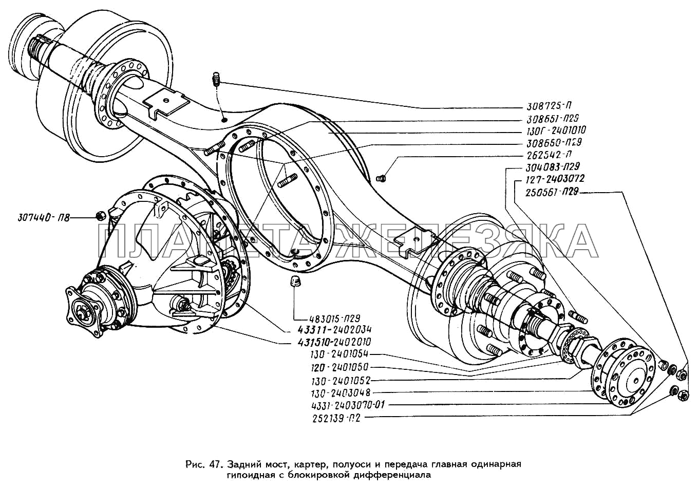 Задний мост, картер, полуоси и передача главная одинарная гипоидная с блокировкой дифференциала ЗИЛ-433360