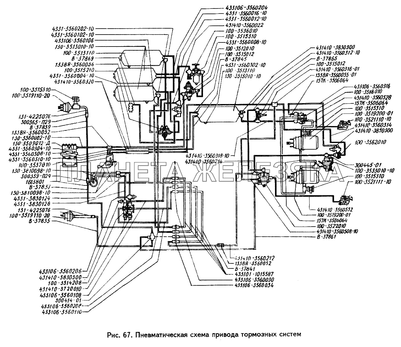 Пневматическая схема привода тормозных систем ЗИЛ-433360