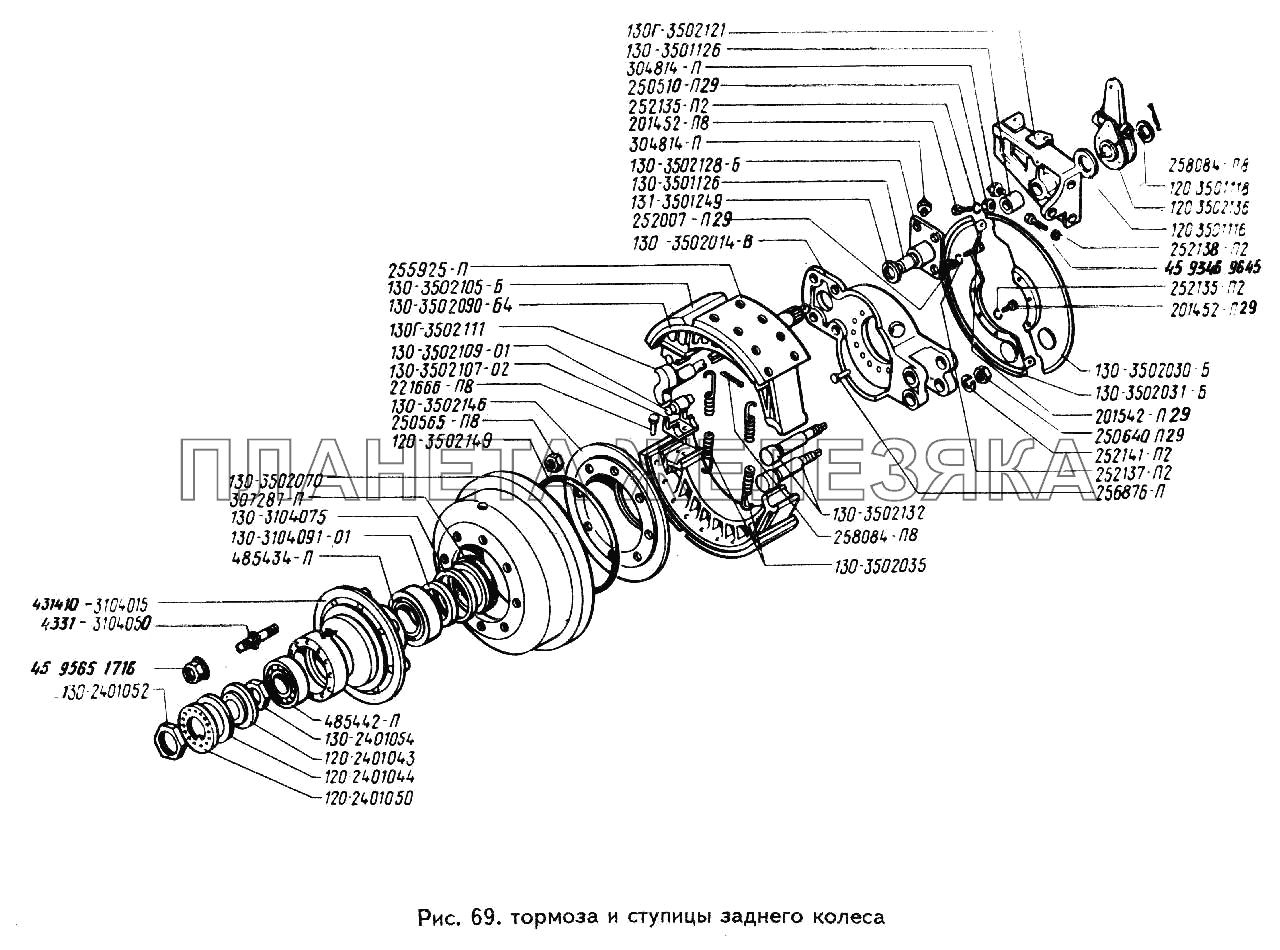 Тормоза и ступицы заднего колеса ЗИЛ-433360